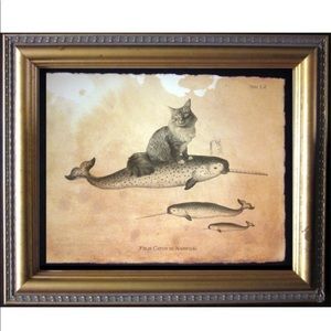Maine Coon Cat on Narwhal Art Print Tea Stained